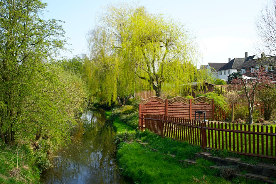 A narrow garden pathway with uneven, slightly muddy soil is bordered by lush green shrubs and small plants on the left side. On the right, a tall wooden fence made of vertical slats casts long, diagon